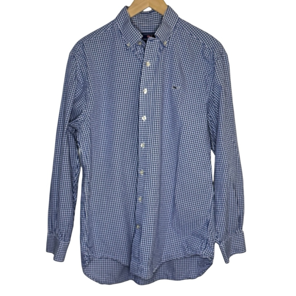 Vineyard Vines Men's Whale Shirt Cotton Blue White Gingham Check Size Medium